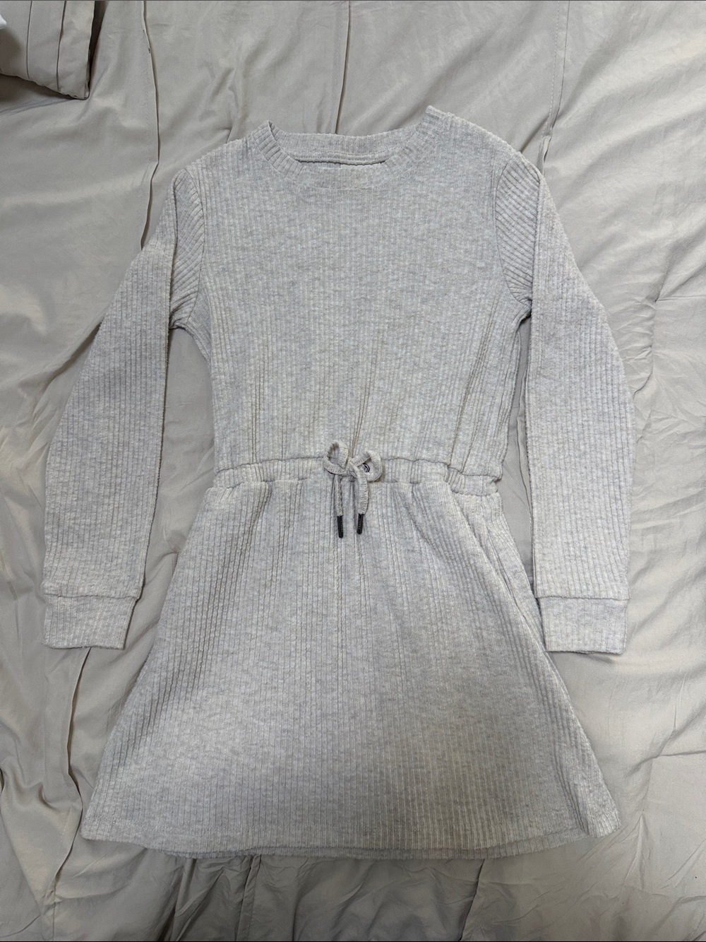 Girls' Light OatmealGray Ribbed Drawstring Sweatshirt Dress